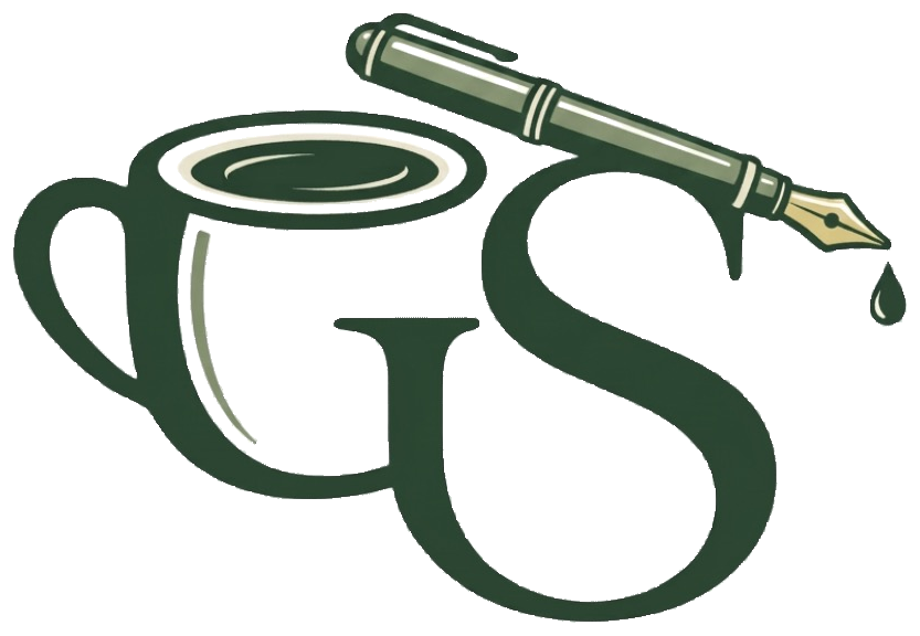 GS monogram — the G drawn as a coffee cup, with a fountain pen